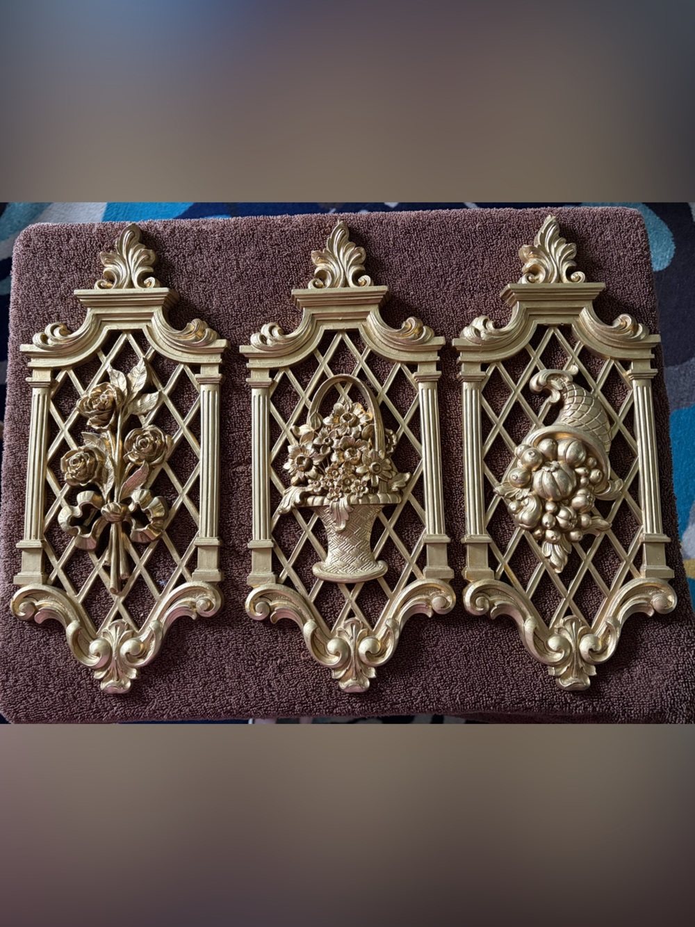 Vintage Dart Syroco 1971 Gold Tone Floral Fruit Wall Decor Set of 3 Plaques